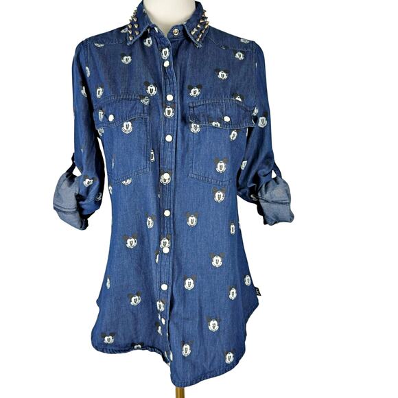 RARE Disney x Kook n Keech Denim Mickey Studded Snap Button Shirt MED *FLAW* - Picture 5 of 9